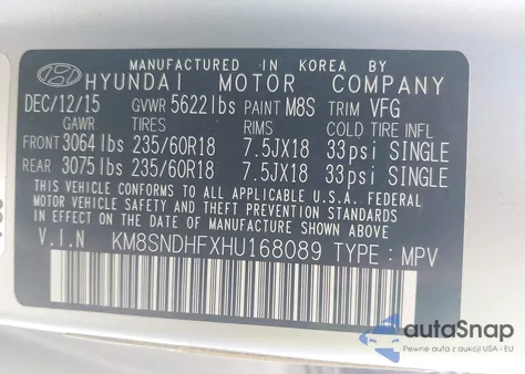 2017 Hyundai Santa Fe Se z USA, uszkodzony, nr VIN KM8SNDHFXHU168089